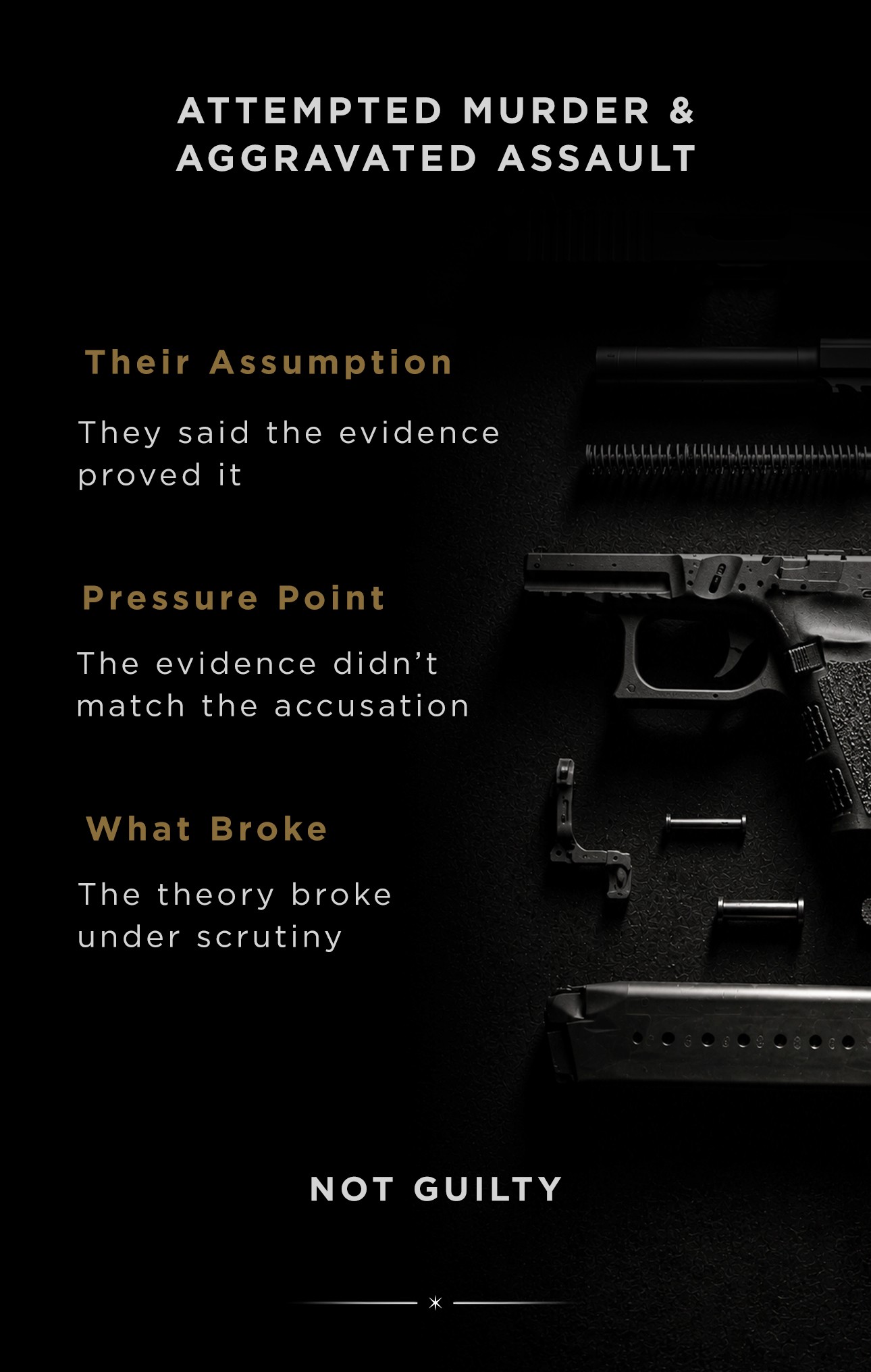 Attempted Murder and Aggravated Assault case study: the prosecution said the evidence proved it; the pressure point was that the evidence didn't match the accusation; what broke was that the theory broke under scrutiny. Result: Not Guilty.