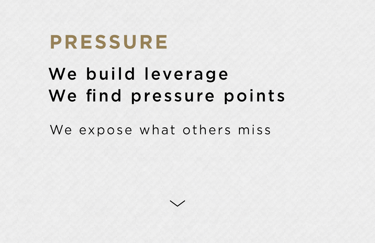 Pressure. We build leverage. We find pressure points. We expose what others miss.