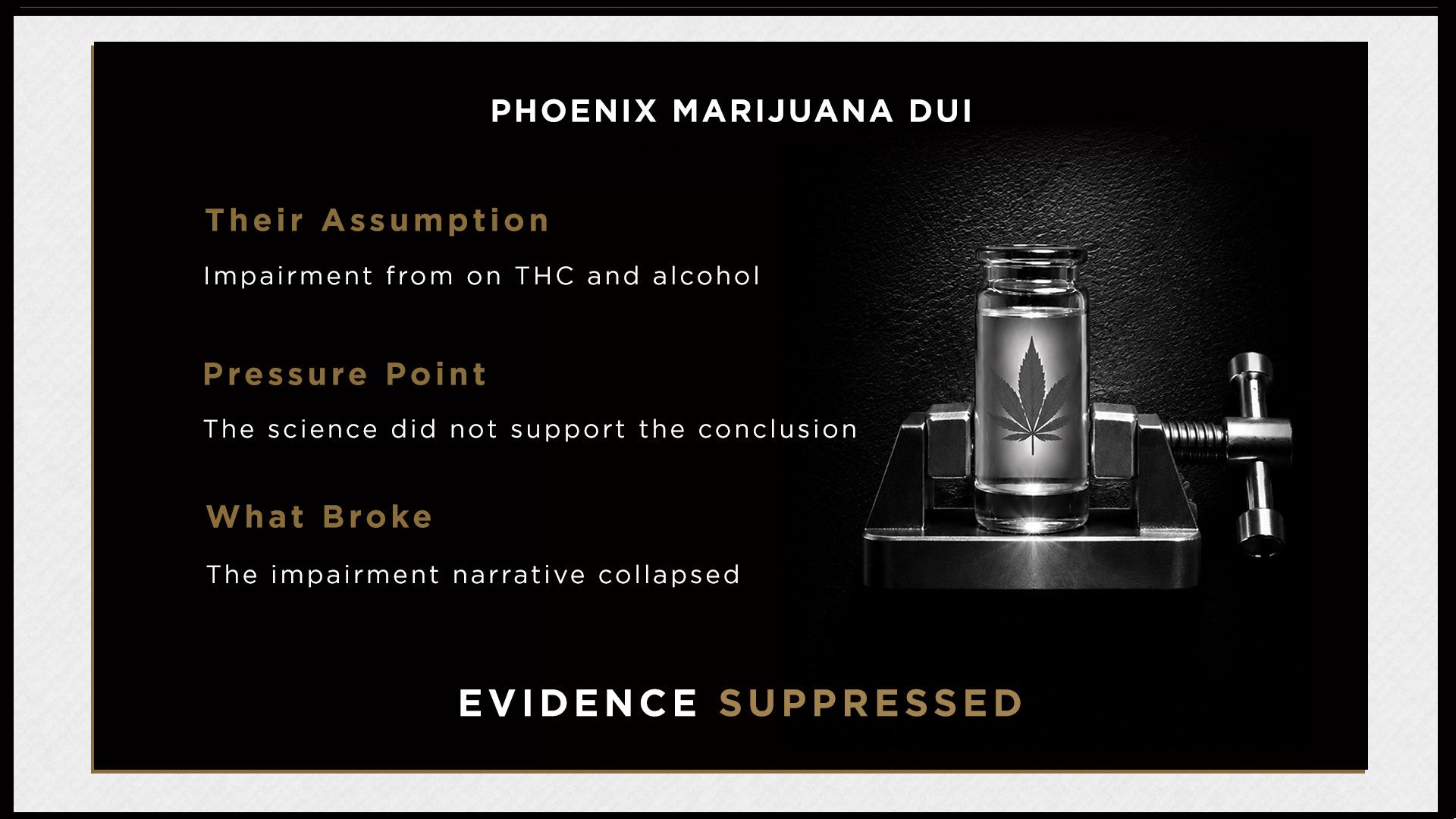 Phoenix Marijuana DUI. Their assumption: impairment from THC and alcohol. Pressure point: the science did not support the conclusion. What broke: the impairment narrative collapsed. Evidence Suppressed.