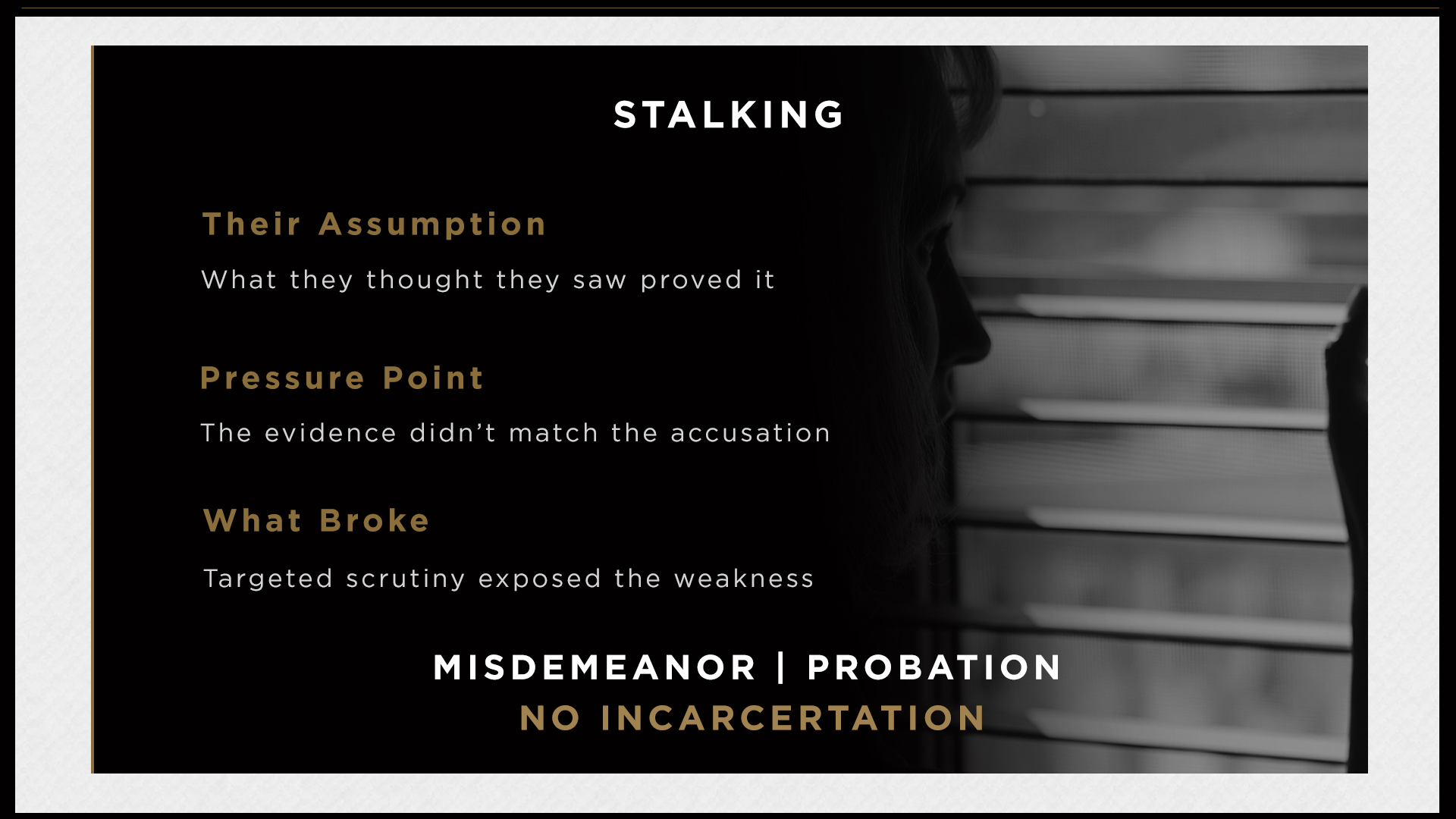 Stalking. Their assumption: what they thought they saw proved it. Pressure point: the evidence didn't match the accusation. What broke: targeted scrutiny exposed the weakness. Misdemeanor, probation, no incarceration.
