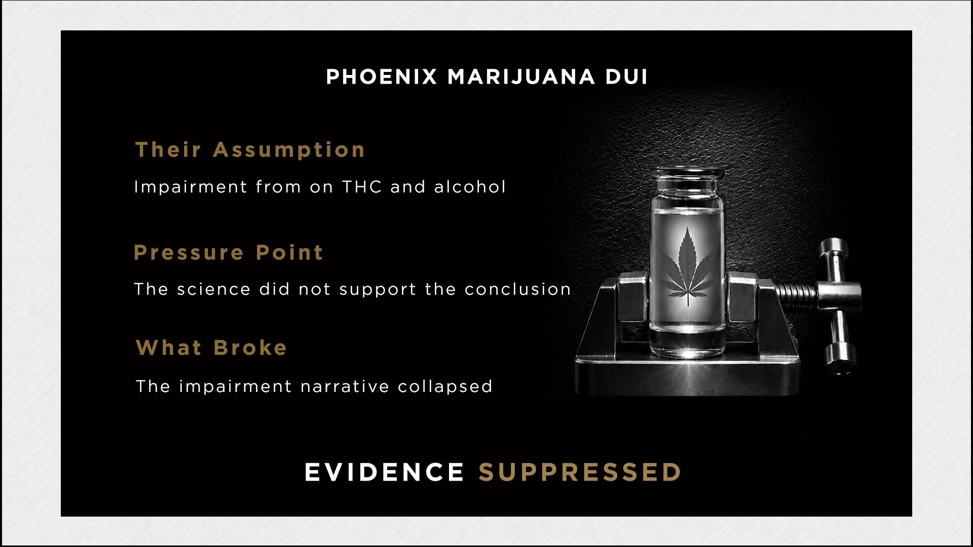 Phoenix Marijuana DUI. Their assumption: impairment from THC and alcohol. Pressure point: the science did not support the conclusion. What broke: the impairment narrative collapsed. Evidence Suppressed.
