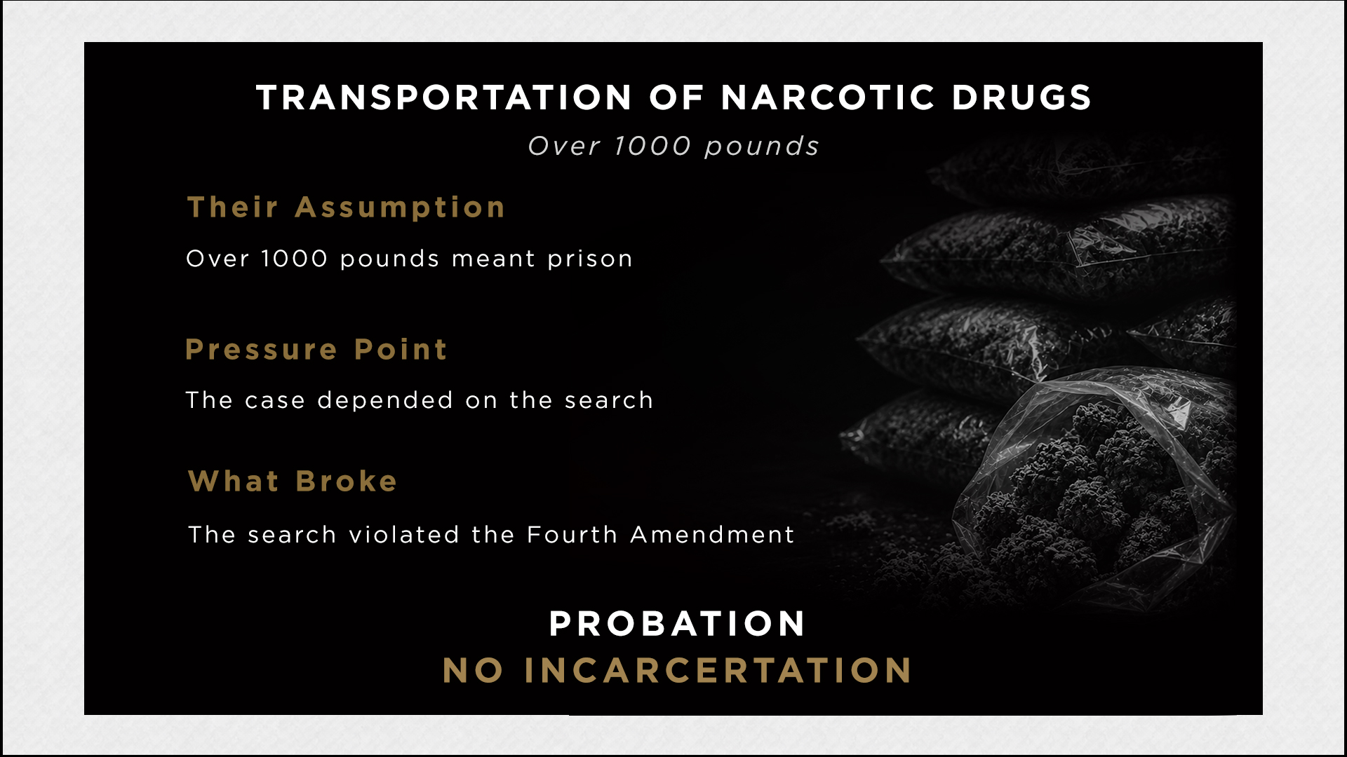 Transportation of Narcotic Drugs, over 1000 pounds. Their assumption: over 1000 pounds meant prison. Pressure point: the case depended on the search. What broke: the search violated the Fourth Amendment. Probation, no incarceration.