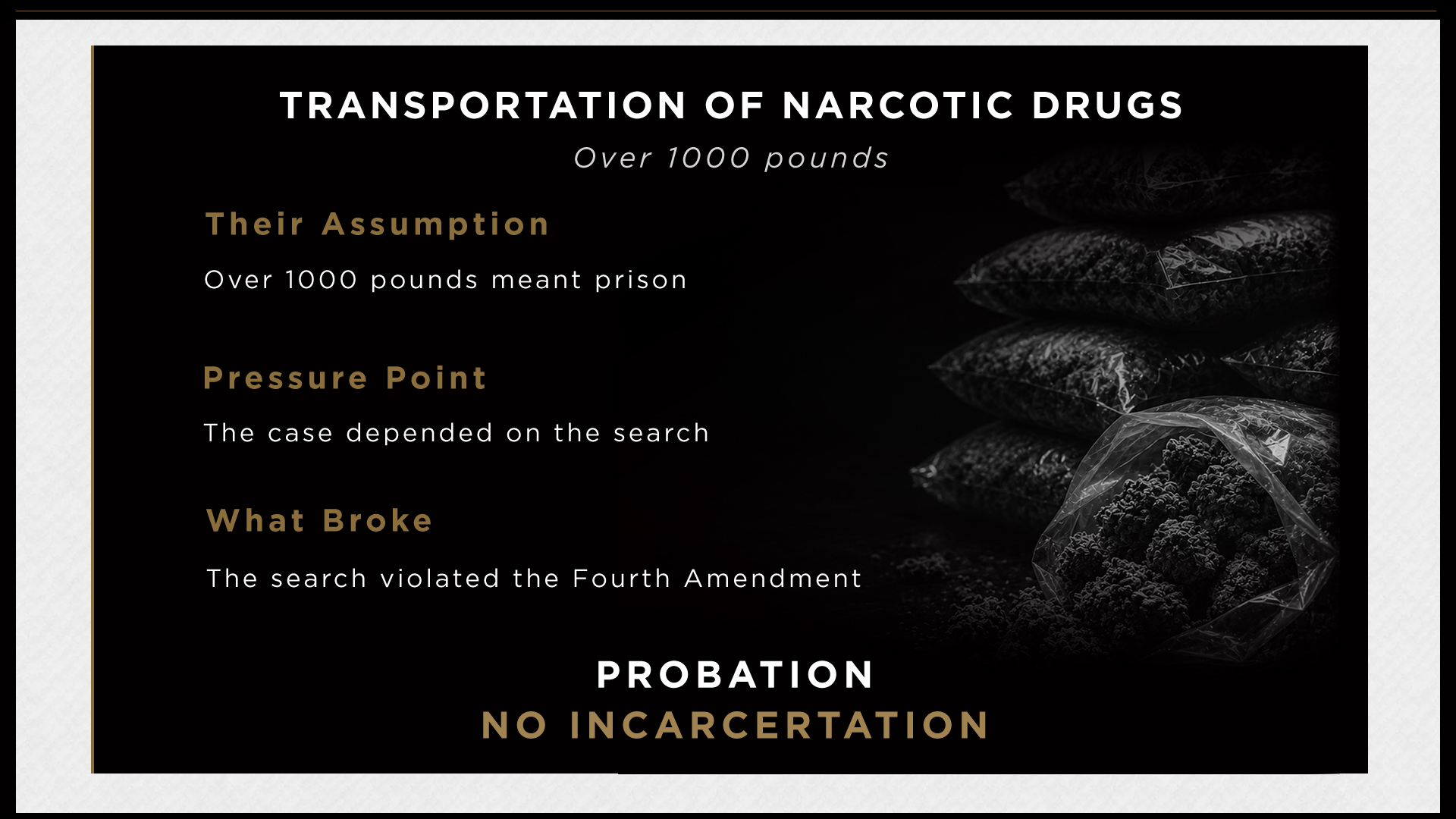Transportation of Narcotic Drugs, over 1000 pounds. Their assumption: over 1000 pounds meant prison. Pressure point: the case depended on the search. What broke: the search violated the Fourth Amendment. Probation, no incarceration.