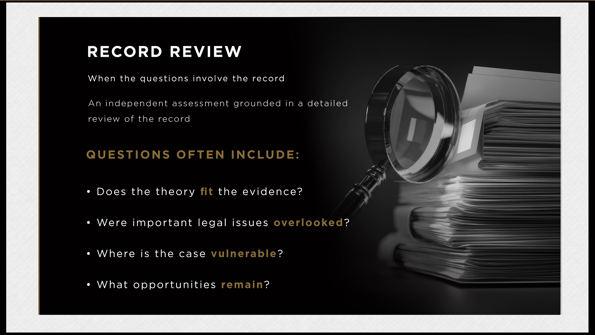 A magnifying glass rests on stacks of case files.